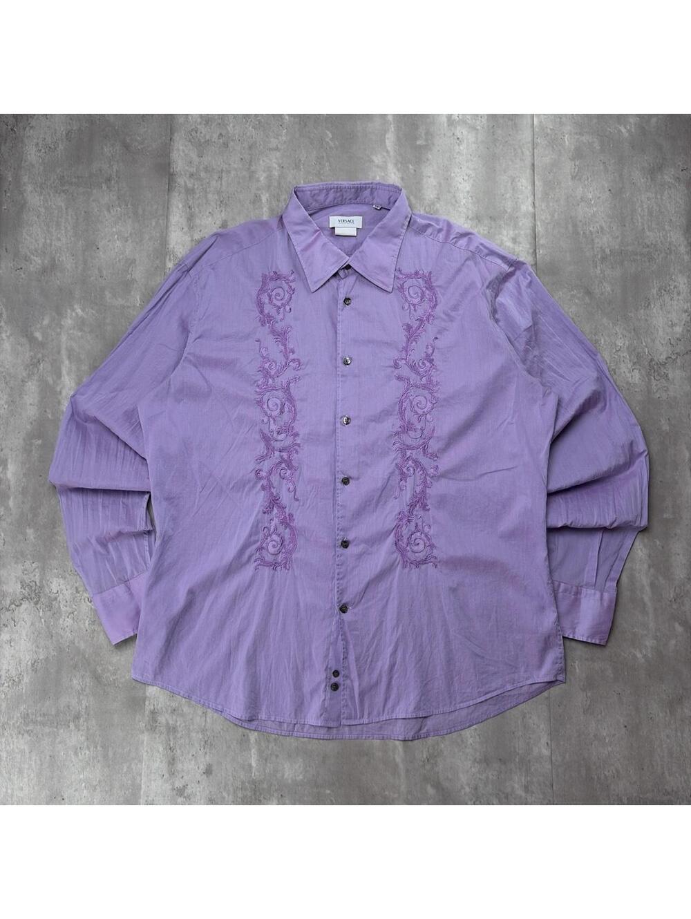 Vintage Y2K Versace Collection Purple Baroque Embroidered Button Up Shirt
